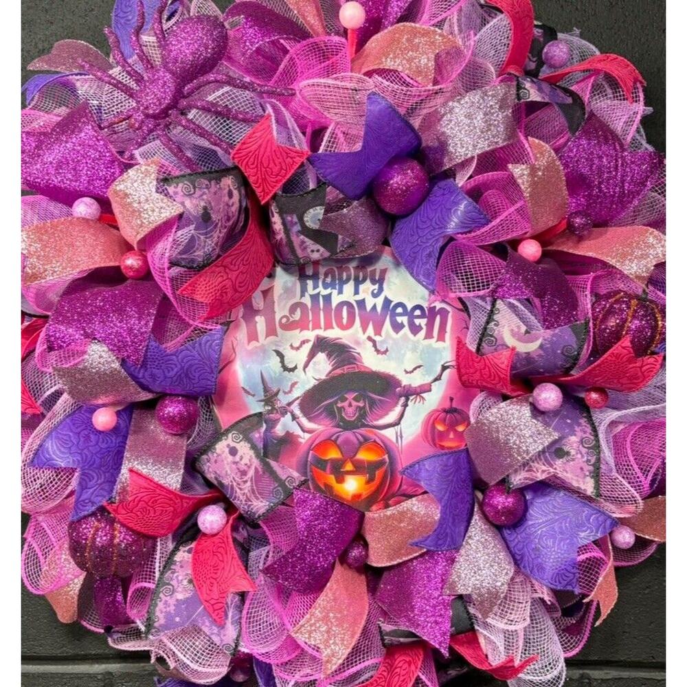 Halloween Witch Wreath Pink & Purple Handmade Deco Mesh 24 Inch